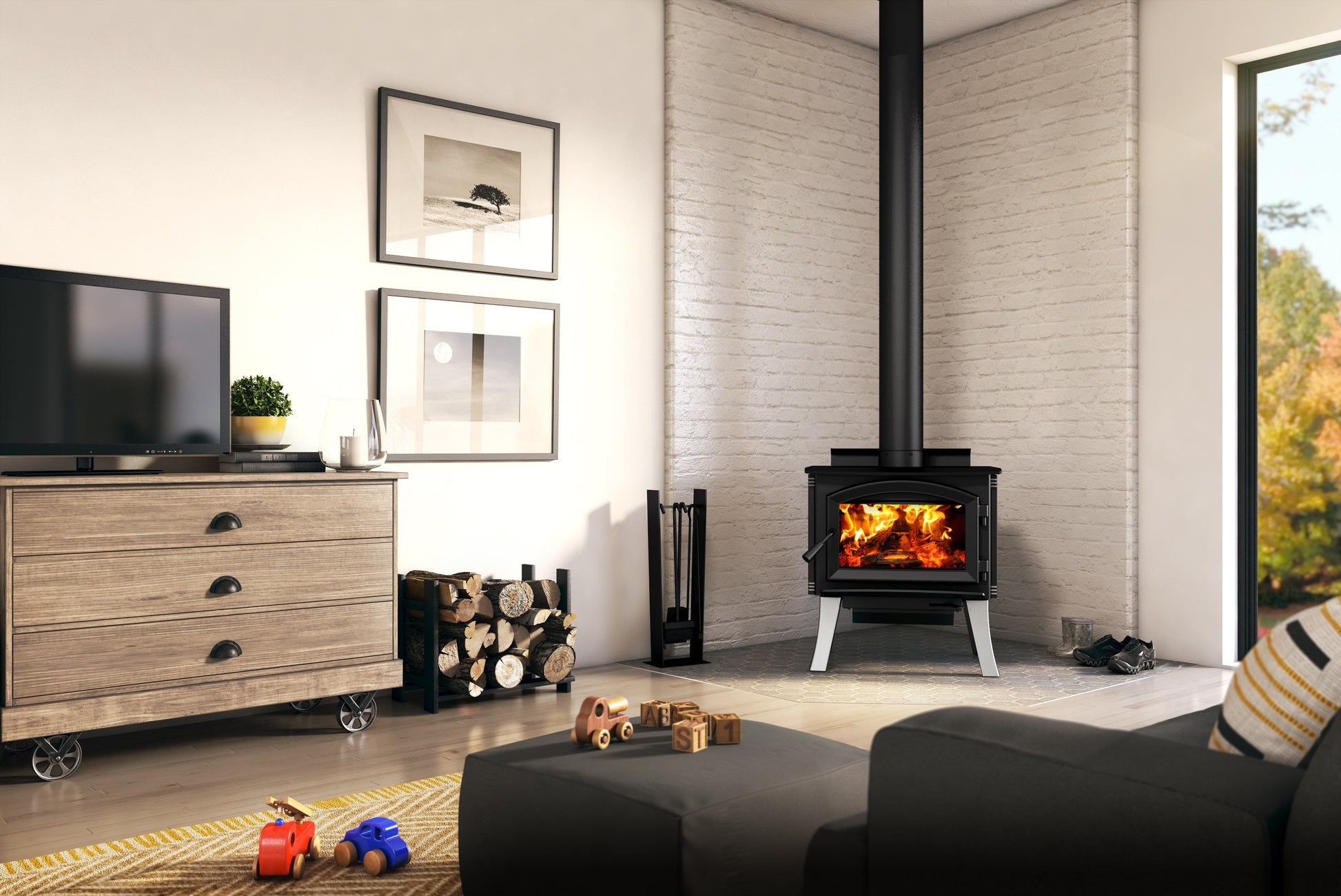 Enerzone Solution 1.7 Wood Burning Stove With Brushed Nickel Cast Iron Straight Legs & Ash Drawer
