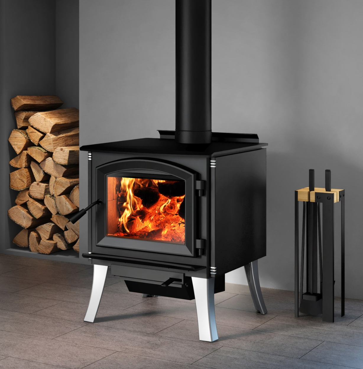 Enerzone Solution 3.3 Wood Burning Stove With Brushed Nickel Cast Iron Straight Legs & Ash Drawer