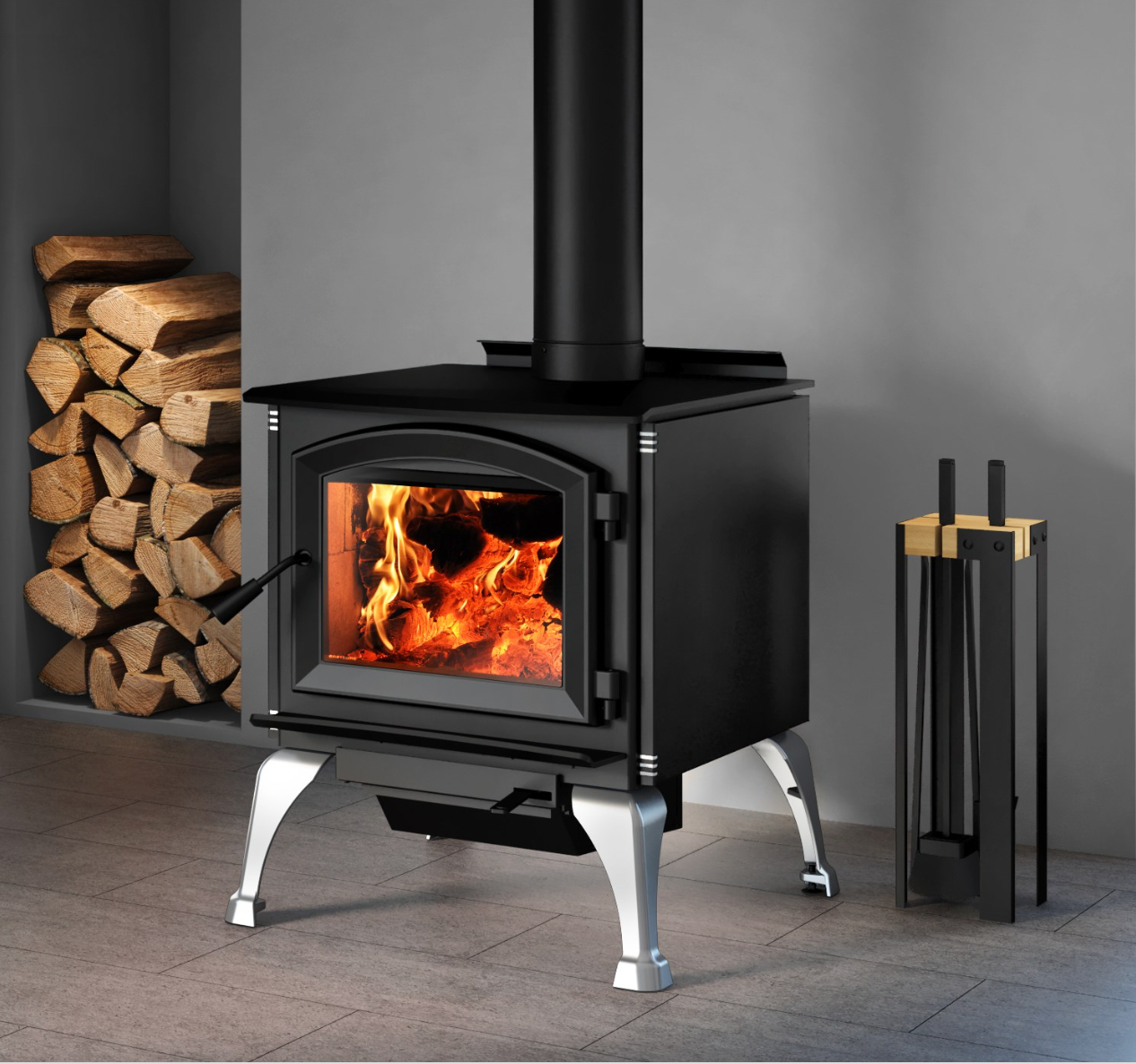 Enerzone Solution 3.3 Wood Burning Stove With Brushed Nickel Cast Iron Traditional Legs & Ash Drawer