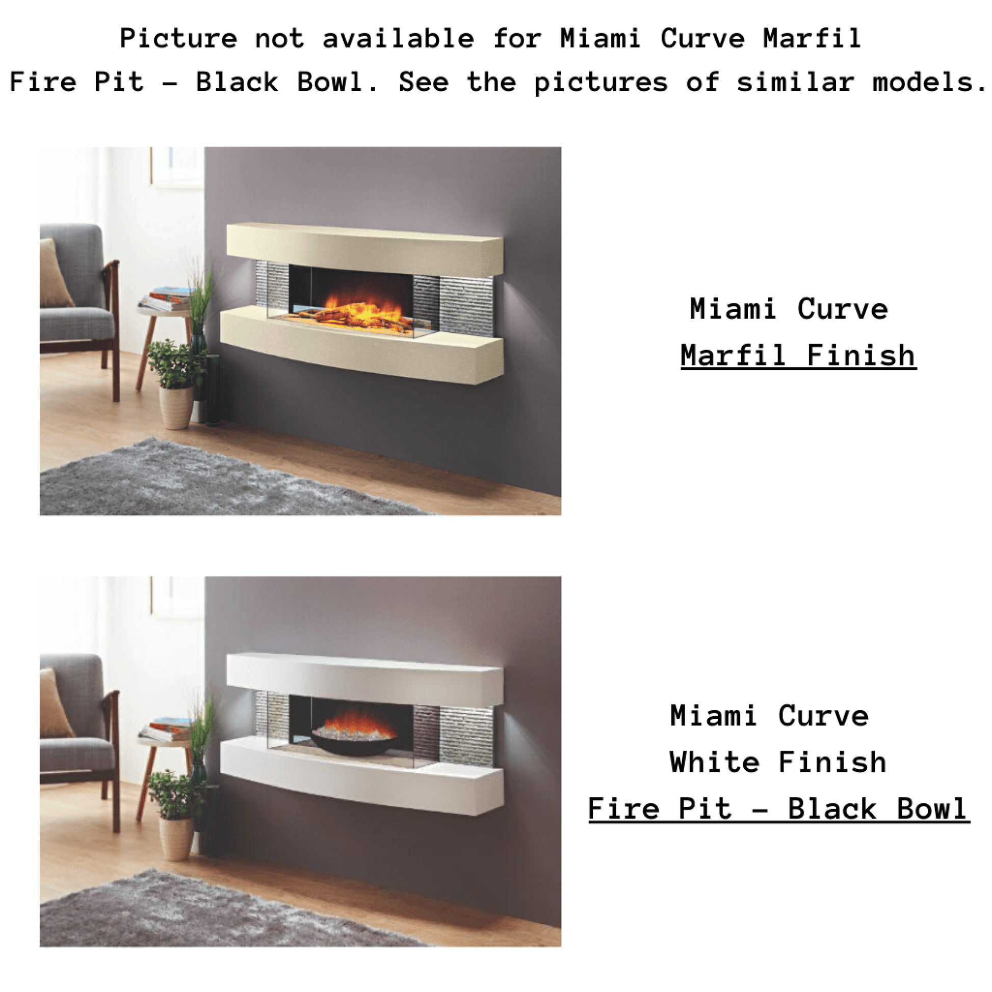 Evolution Fires 48" Miami Curve Marfil Fire Pit Electric Fireplace – Black Bowl