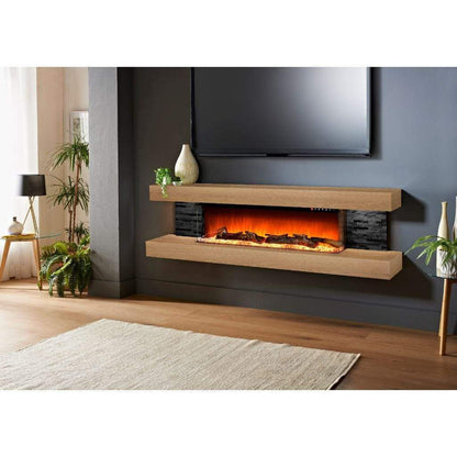 Evolution Fires 72" Vegas Black Stone Tiles Wall Mount Electric Fireplace - American Oak