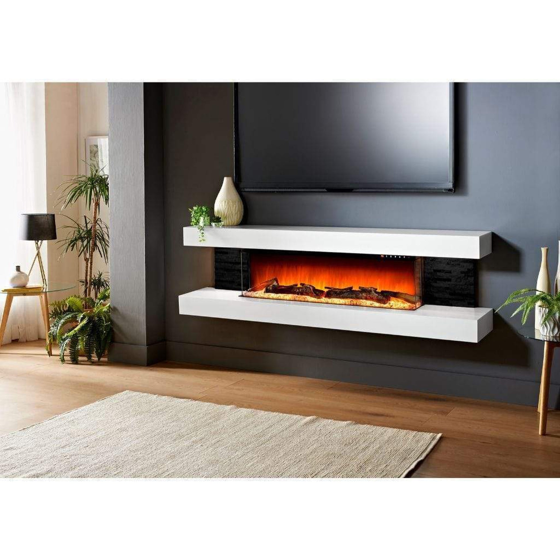 Evolution Fires 72" Vegas Black Stone Tiles Wall Mount Electric Fireplace - White