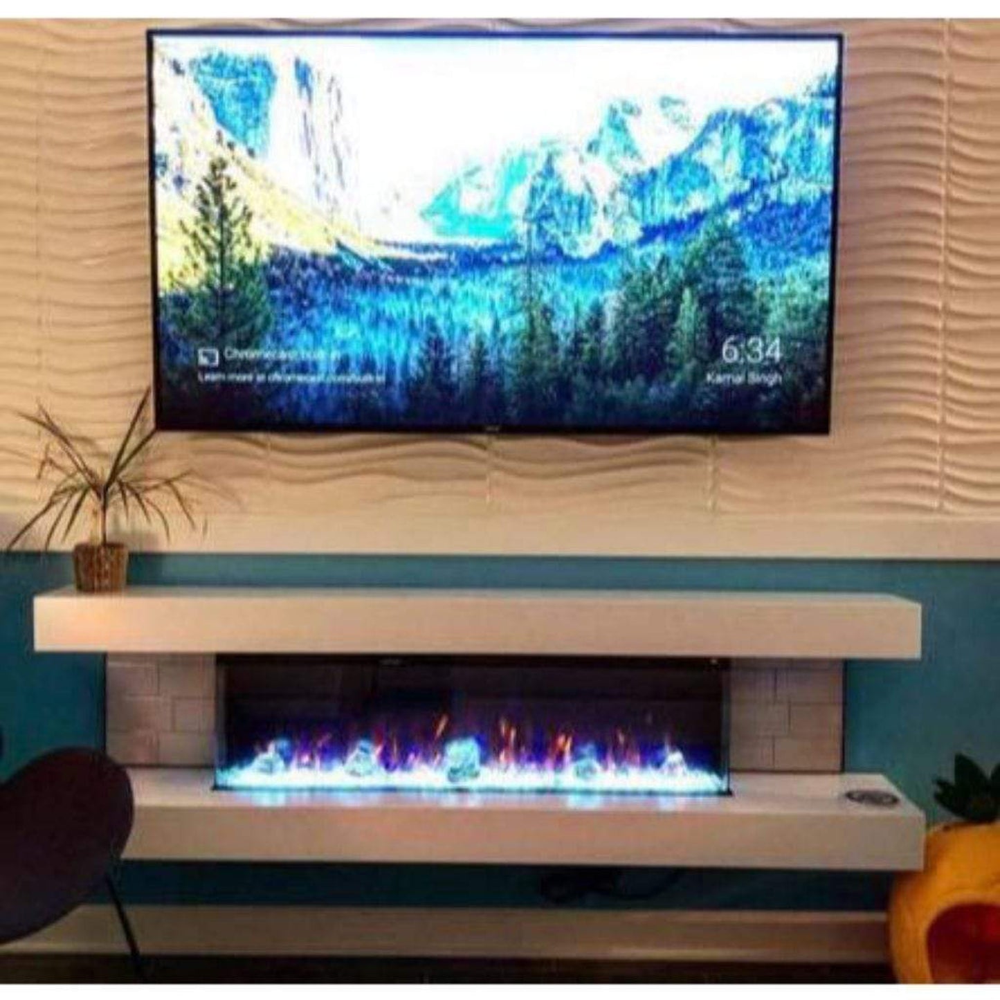 Evolution Fires 72" Vegas Grey Stone Tiles Wall Mount Electric Fireplace - American Oak