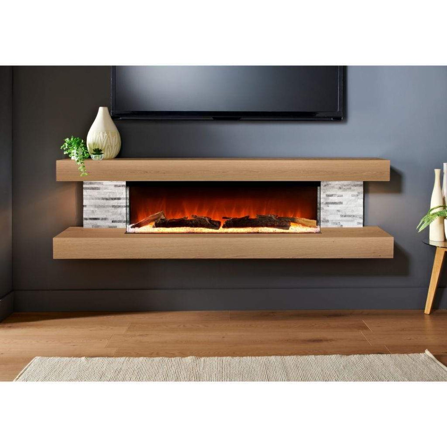 Evolution Fires 72" Vegas Grey Stone Tiles Wall Mount Electric Fireplace - American Oak