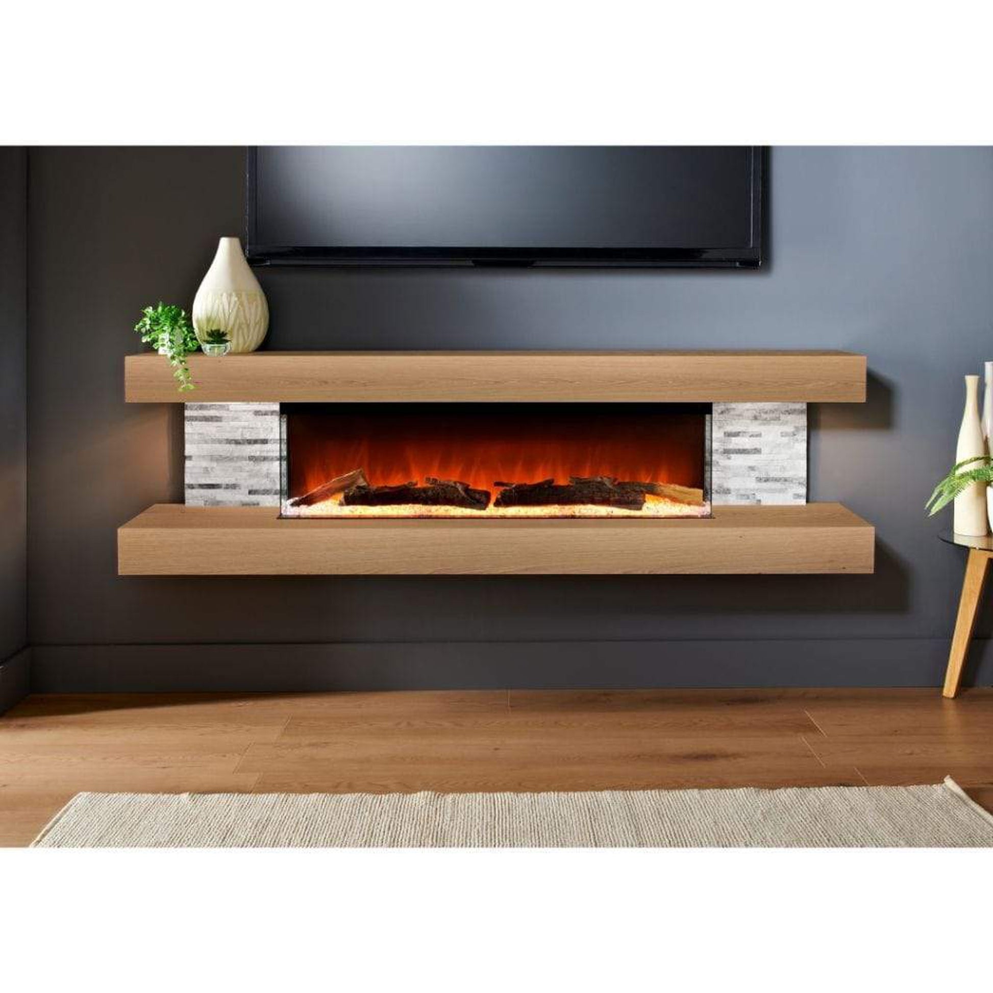 Evolution Fires 72" Vegas Grey Stone Tiles Wall Mount Electric Fireplace - American Oak