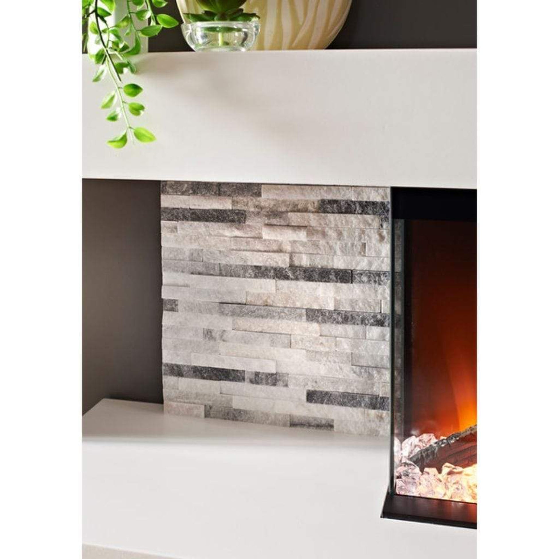 Evolution Fires 72" Vegas Grey Stone Tiles Wall Mount Electric Fireplace - American Oak