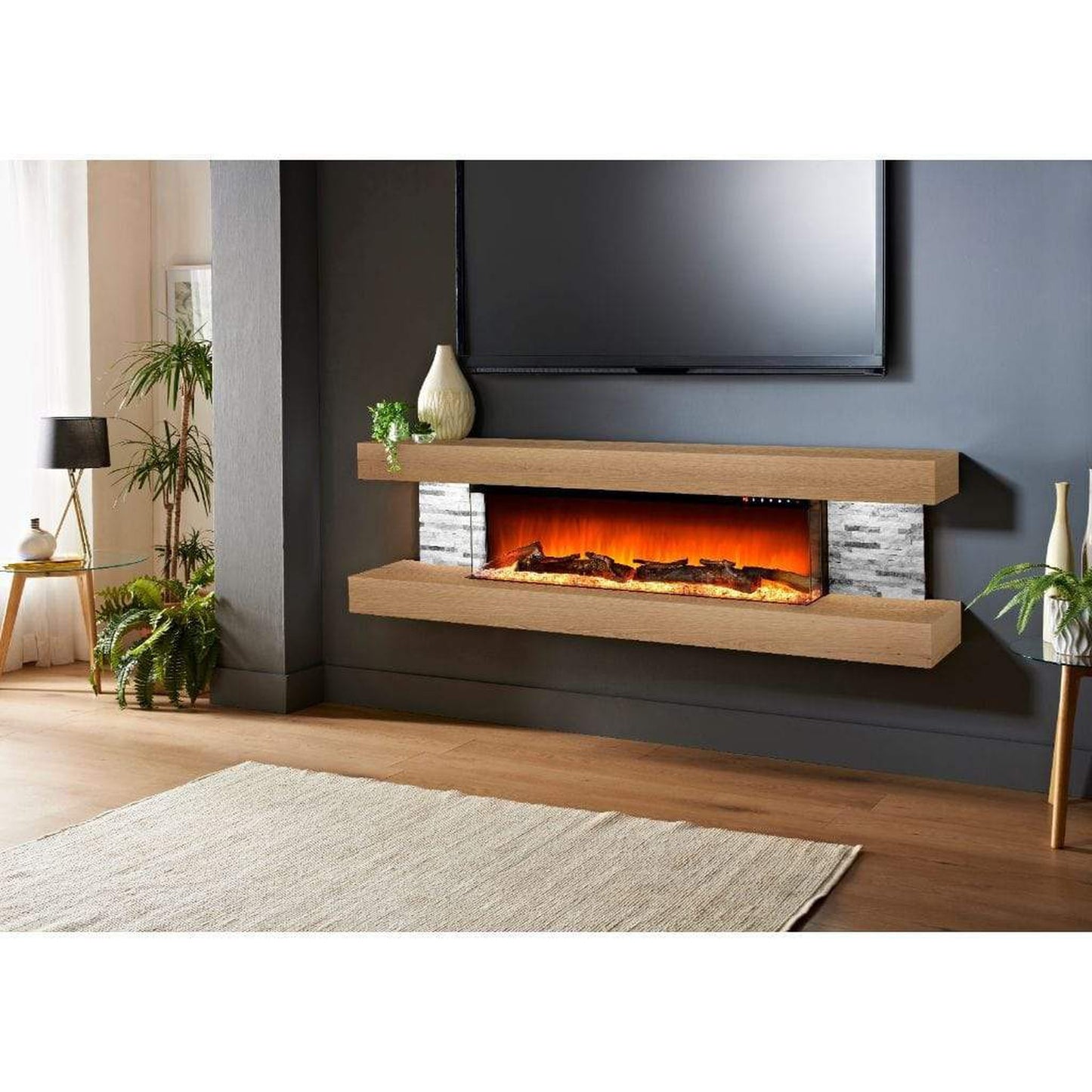 Evolution Fires 72" Vegas Grey Stone Tiles Wall Mount Electric Fireplace - American Oak