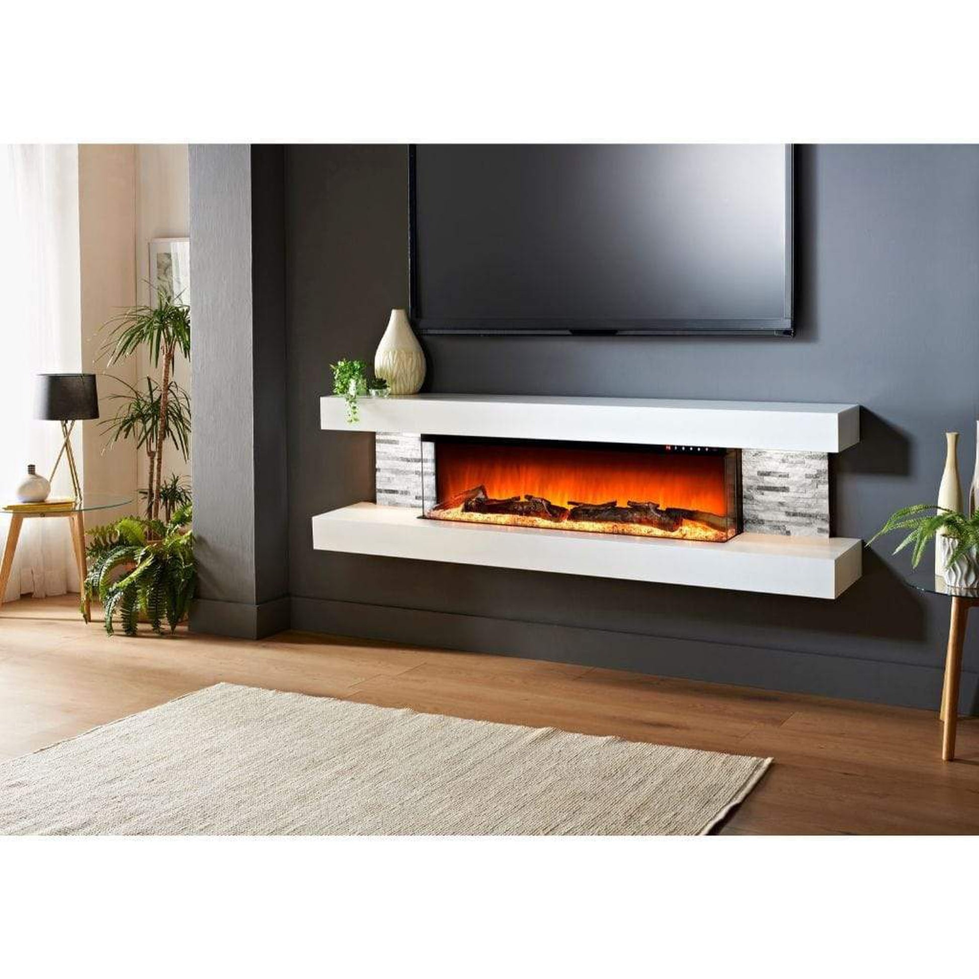 Evolution Fires 72" Vegas Grey Stone Tiles Wall Mount Electric Fireplace - White
