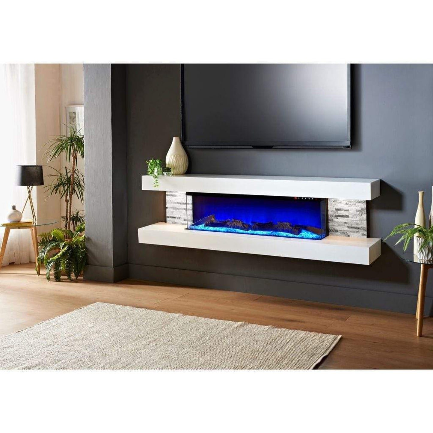Evolution Fires 72" Vegas Grey Stone Tiles Wall Mount Electric Fireplace - White