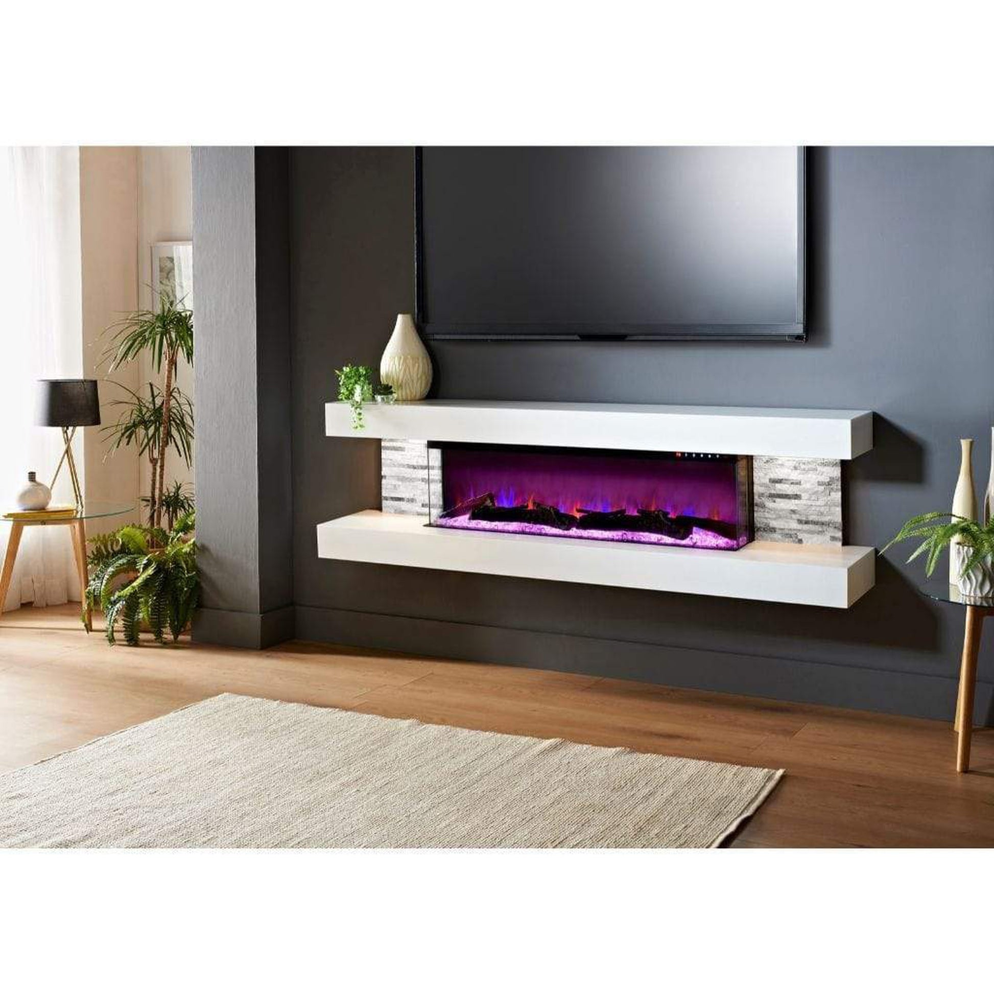 Evolution Fires 72" Vegas Grey Stone Tiles Wall Mount Electric Fireplace - White