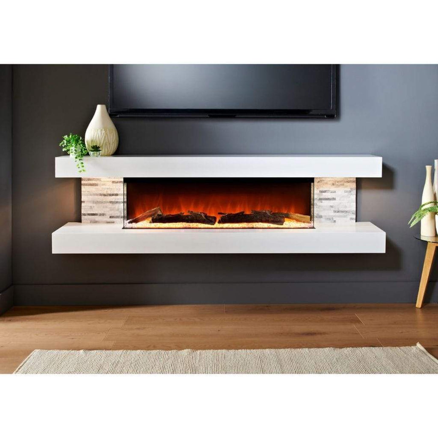 Evolution Fires 72" Vegas Grey Stone Tiles Wall Mount Electric Fireplace - White