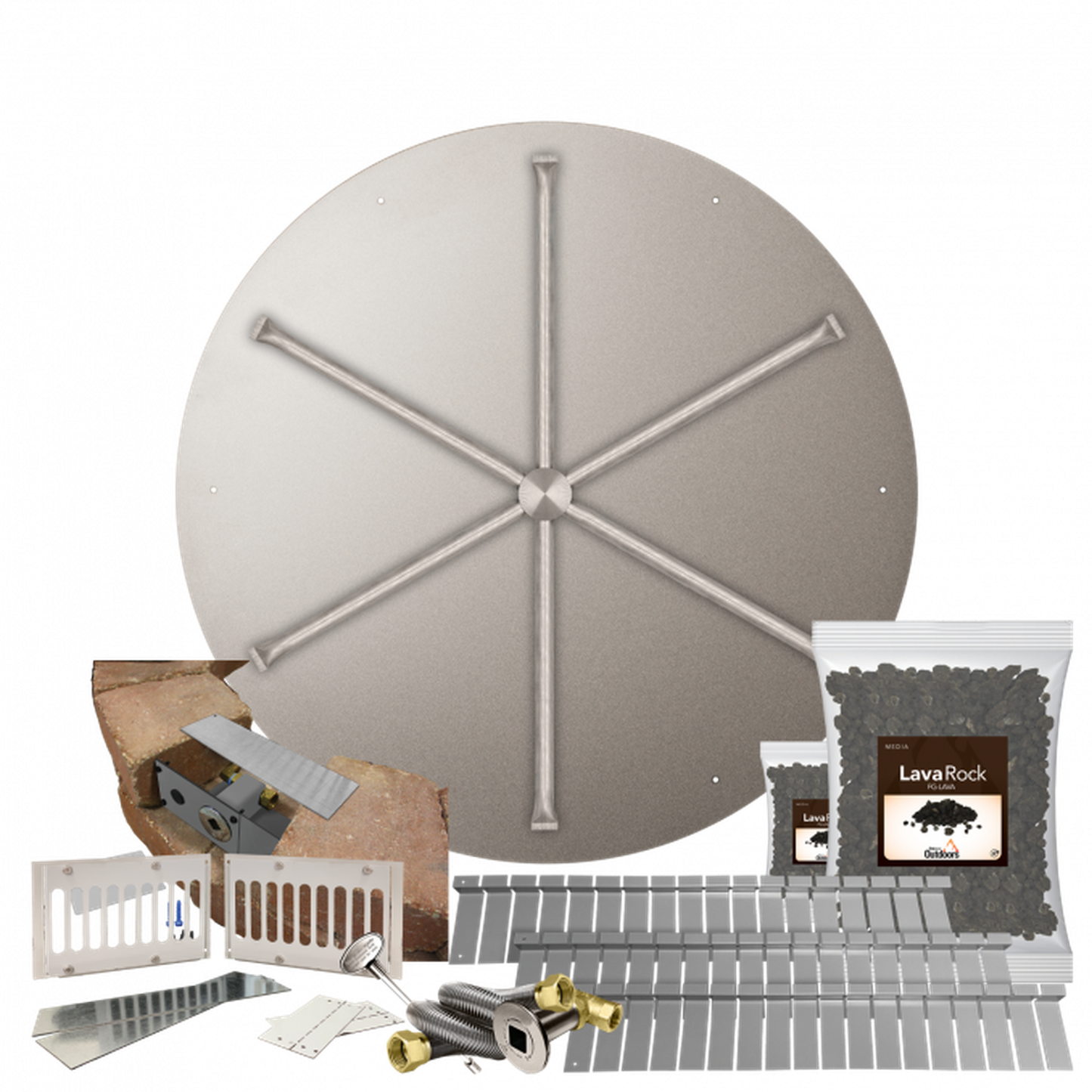 Firegear Stainless Steel Series SRW 34" Round Flat Pan Natural Gas Fire Pit Kit With Match Throw Ignition System and 6" Vent Kit