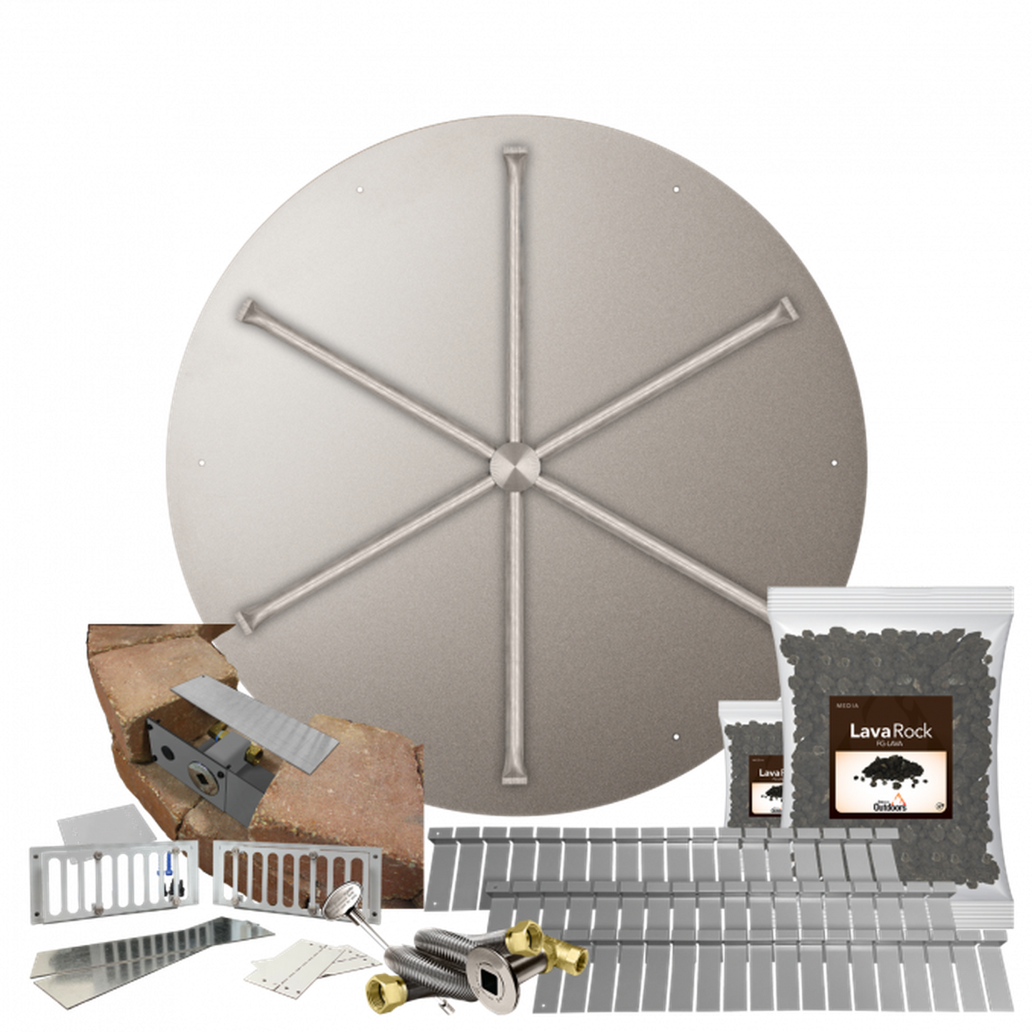 Firegear Stainless Steel Series SRW 34" Round Flat Pan Natural Gas Fire Pit Kit With Match Throw Ignition System and 6" Vent Kit