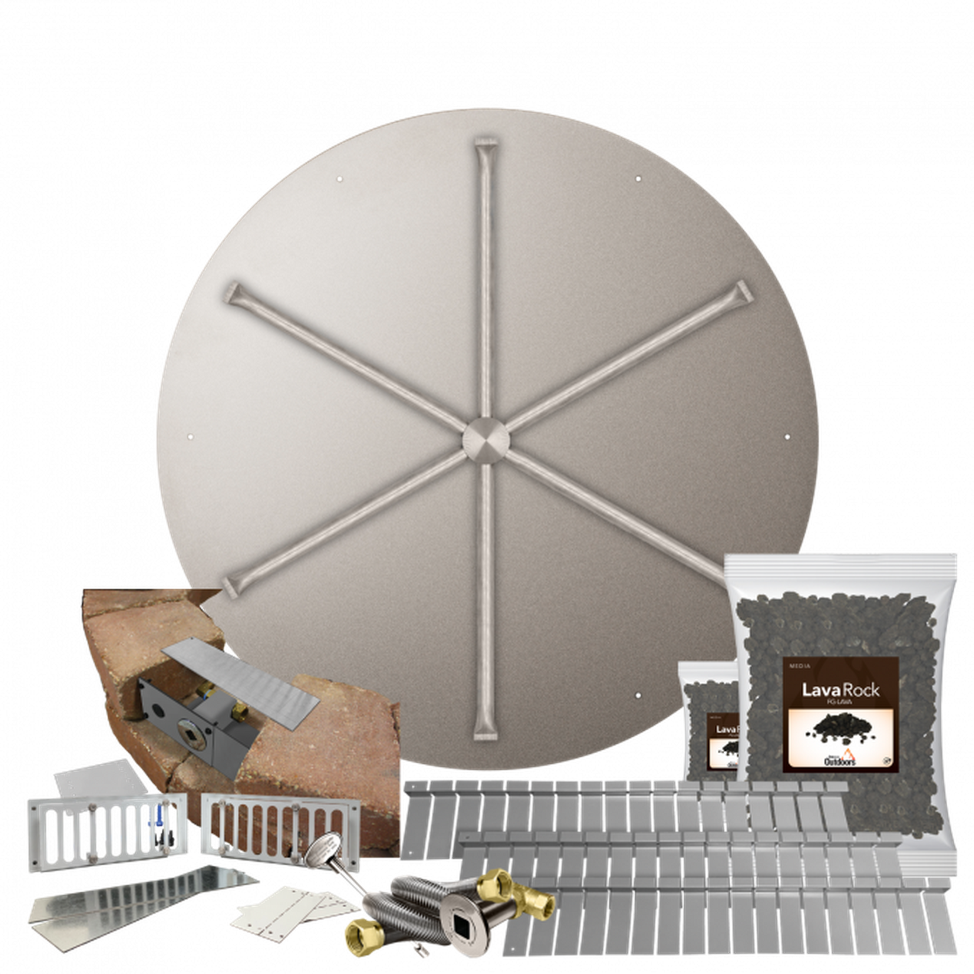 Firegear Stainless Steel Series SRW 34" Round Flat Pan Natural Gas Fire Pit Kit With Match Throw Ignition System and 4" Vent Kit