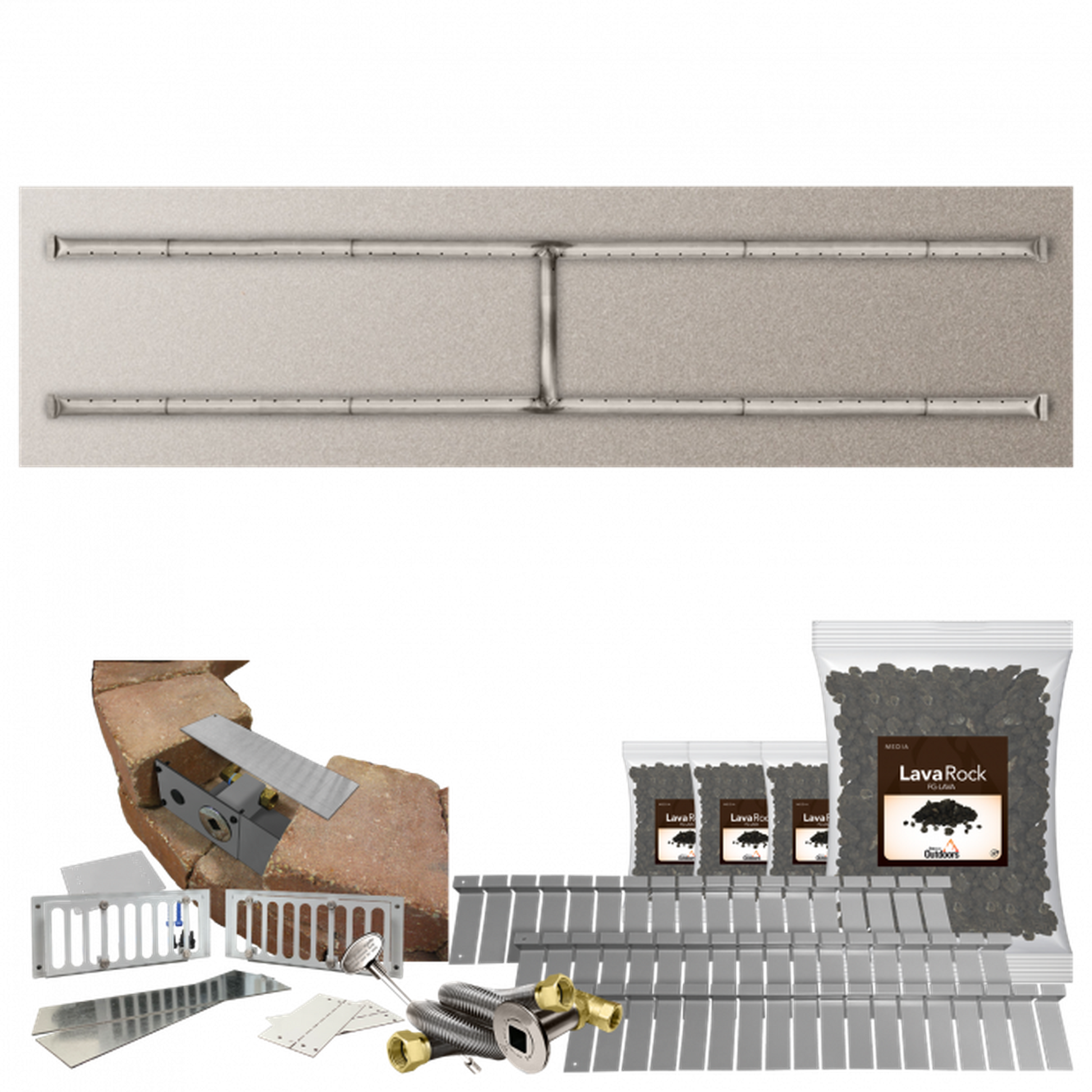 Firegear Stainless Steel Series SRW 60" x 16" Linear H Flat Pan Natural Gas Fire Pit Kit With Match Throw Ignition System