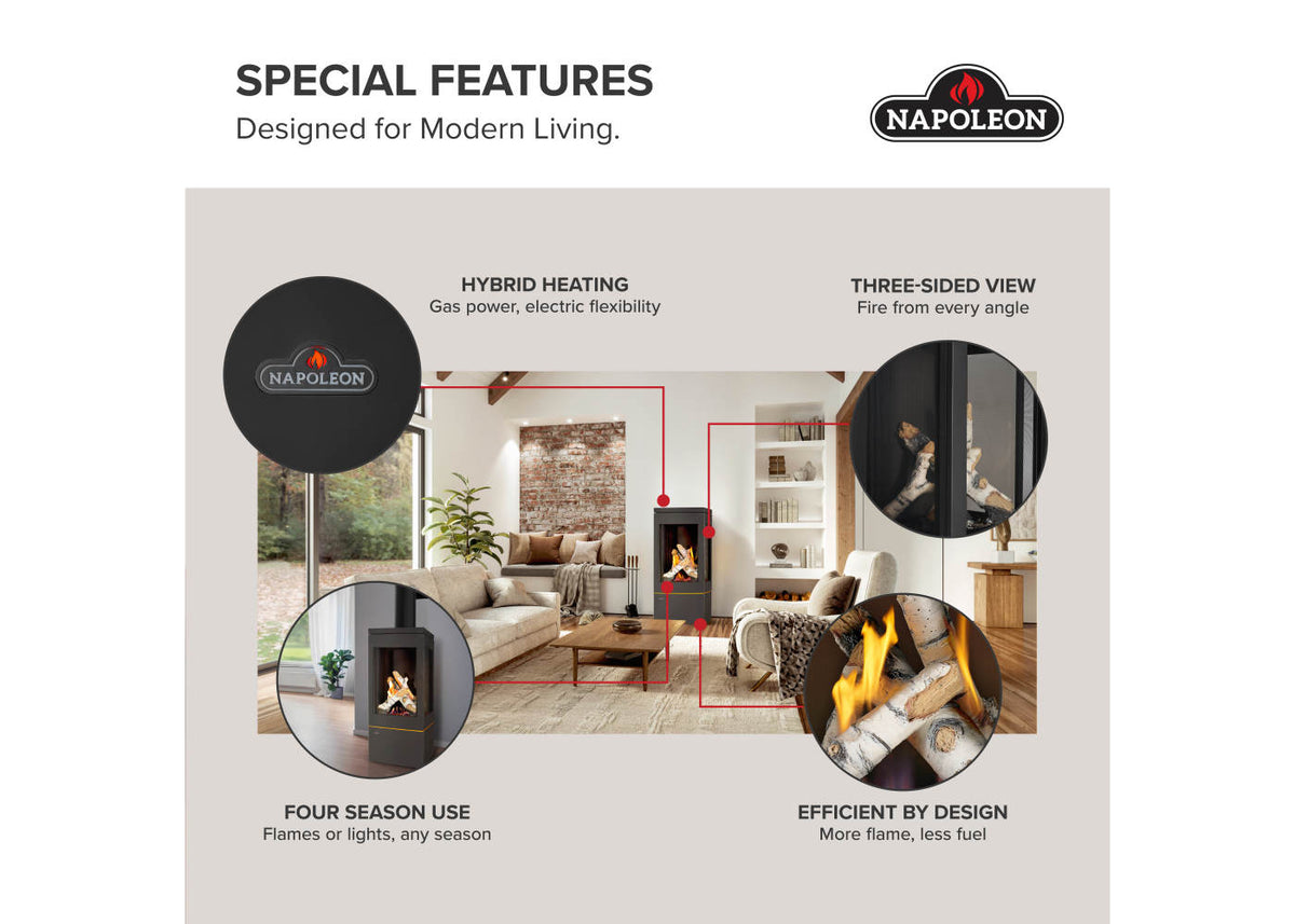 Napoleon Elora Black Direct Vent 3-Sided Natural Gas Hybrid Stove