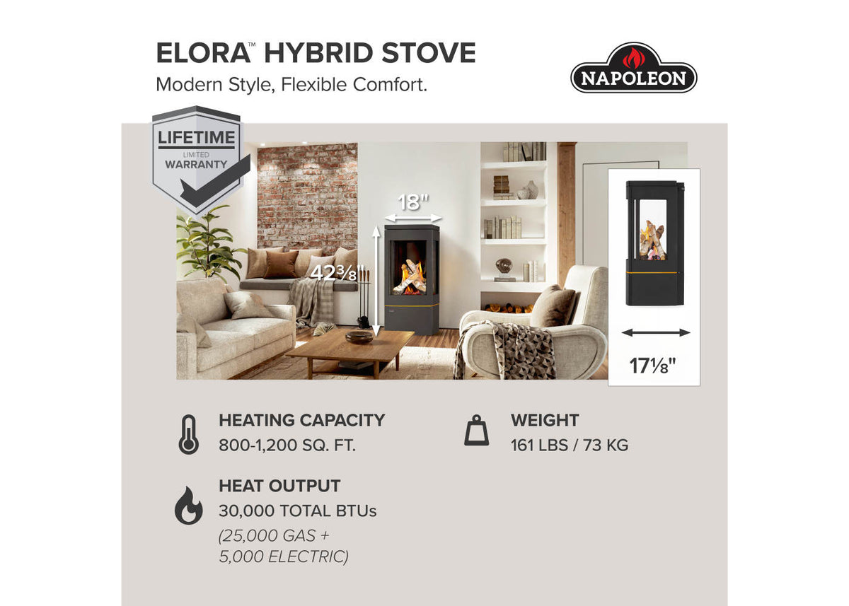 Napoleon Elora Black Direct Vent 3-Sided Natural Gas Hybrid Stove