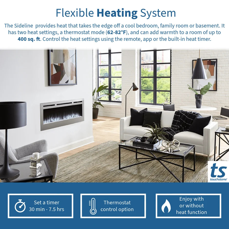 Touchstone Sideline Deluxe 72" Stainless Steel Recessed Smart Electric Fireplace