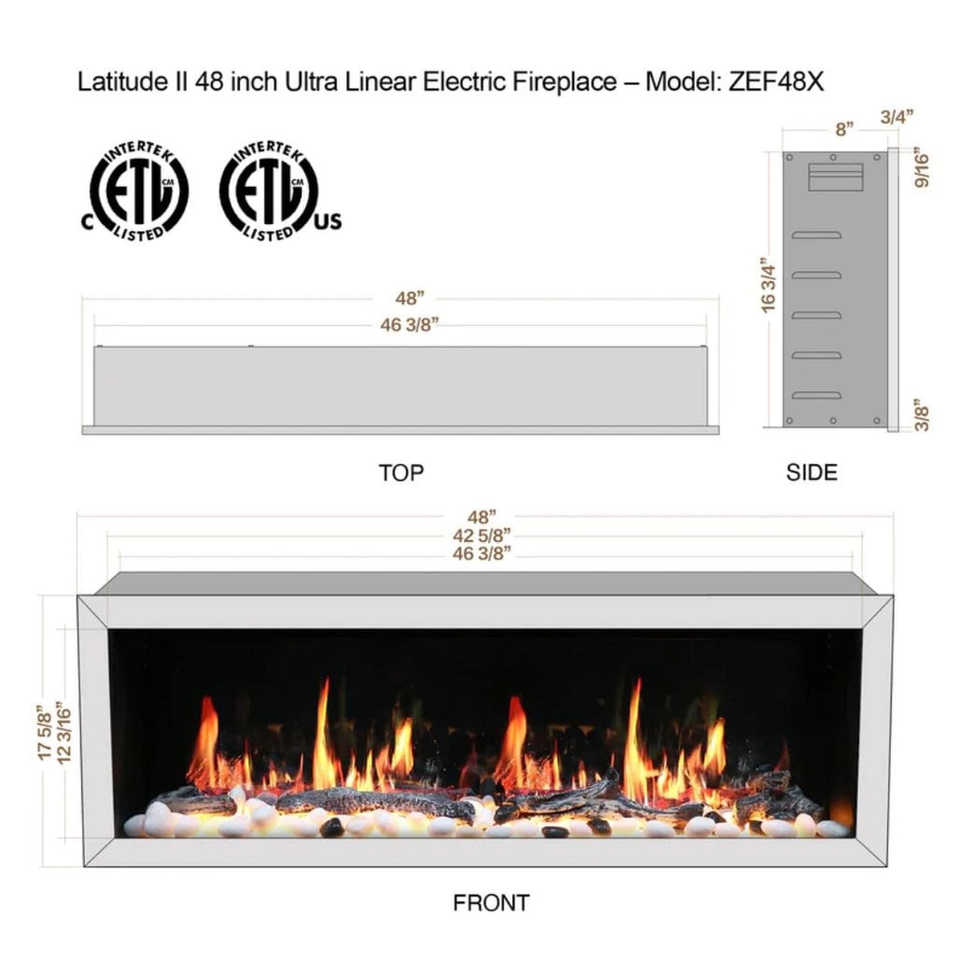 Litedeer 48" Latitude II Push-In Contemporary Smart Linear Built-In Electric Fireplace