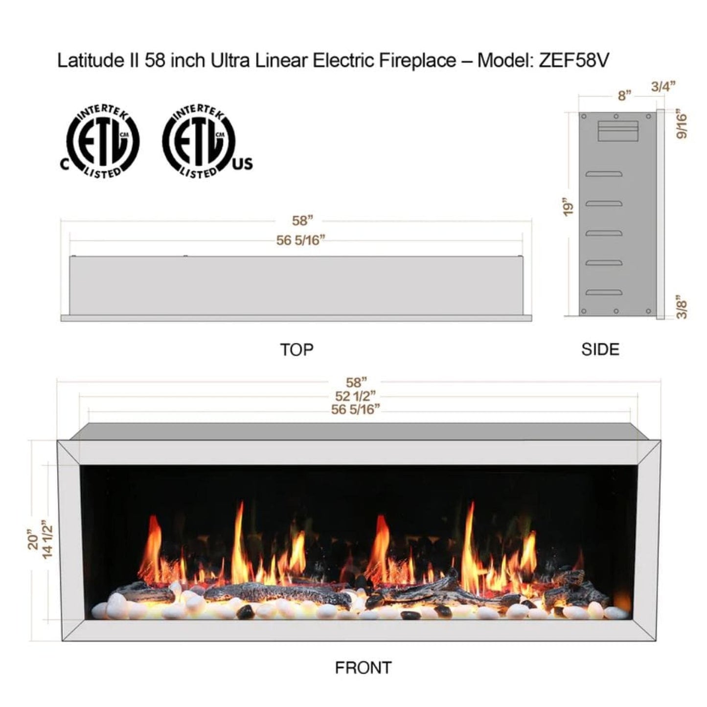 Litedeer 58" Latitude II Push-In Contemporary Smart Linear Built-In Electric Fireplace