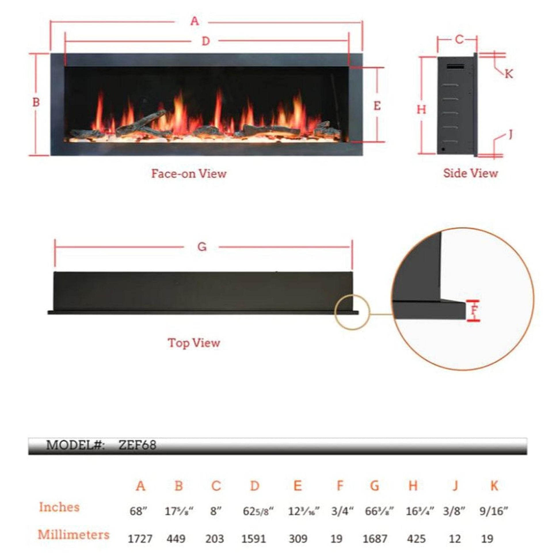 Litedeer 68" Gloria II Push-In Contemporary Smart Linear Built-In Electric Fireplace