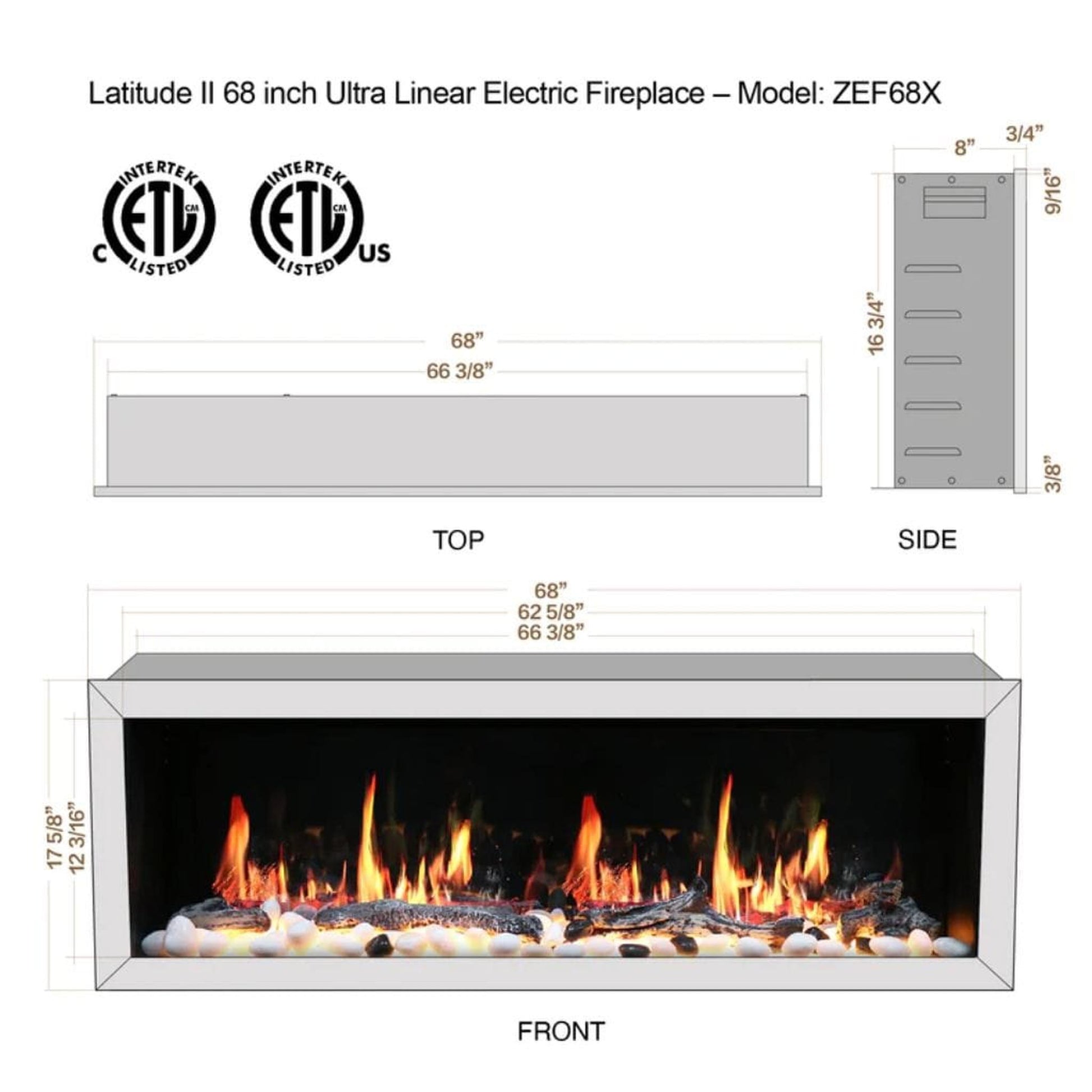 Litedeer 68" Latitude II Push-In Contemporary Smart Linear Built-In Electric Fireplace