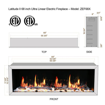 Litedeer 68" Latitude II Push-In Contemporary Smart Linear Built-In Electric Fireplace