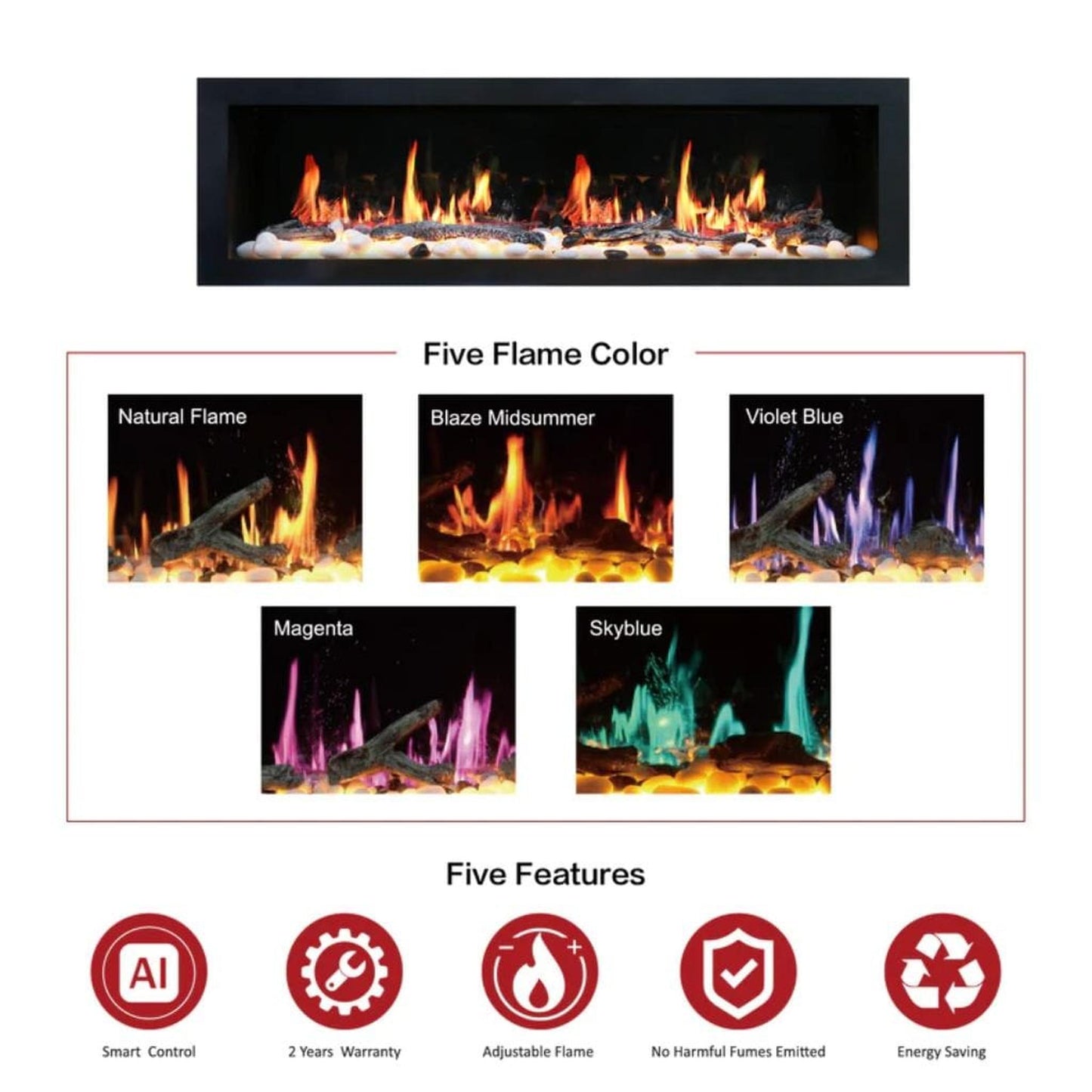 Litedeer 78" Latitude II Push-In Contemporary Smart Linear Built-In Electric Fireplace