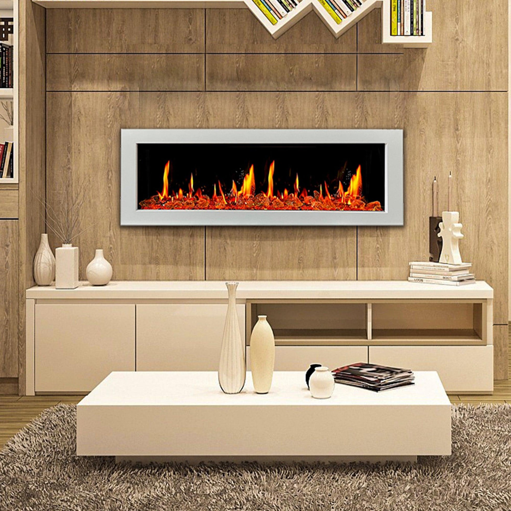 Litedeer Homes Gloria II 58" White Seamless Push-in Wall Mount Electric Fireplace With Crushed Ice Rocks