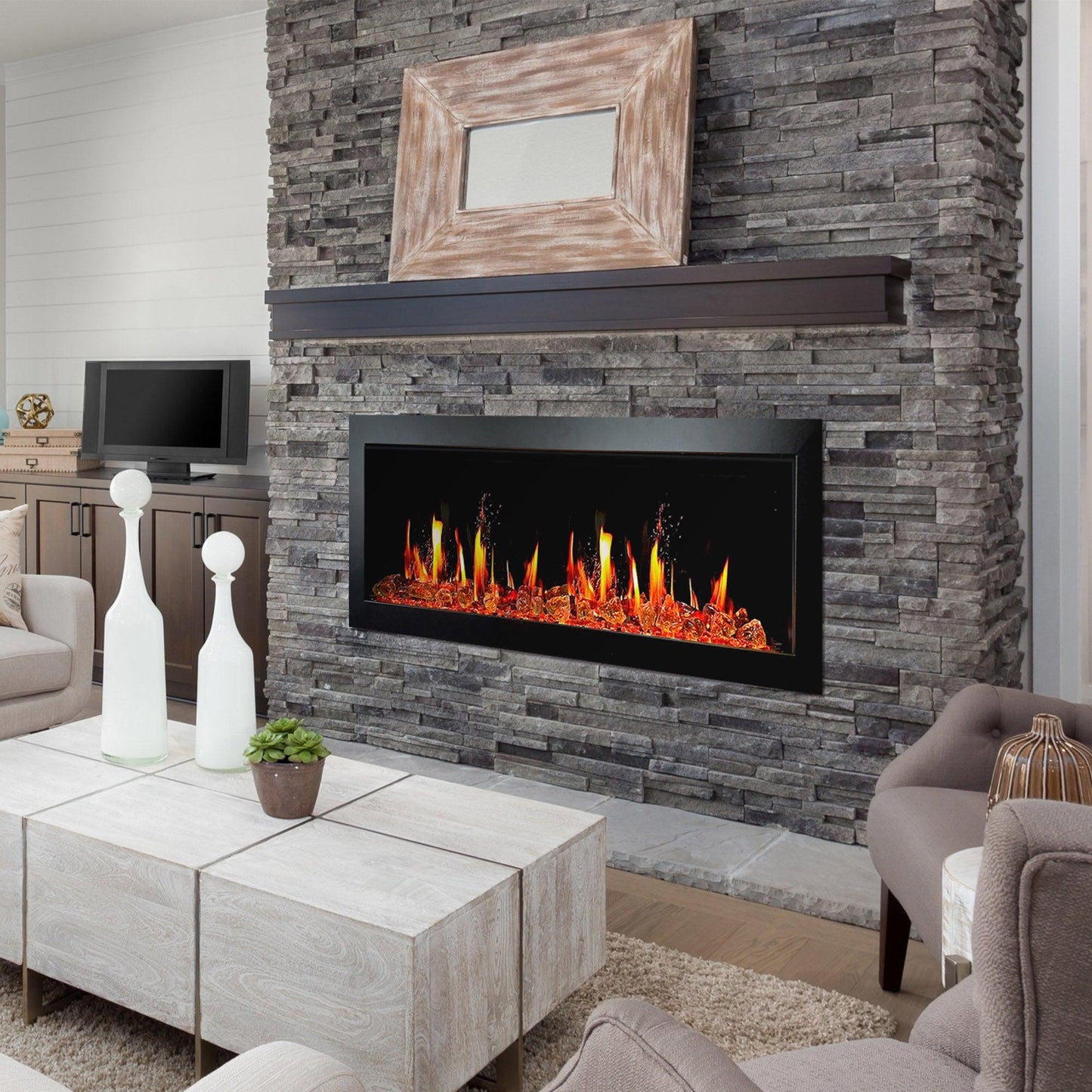Litedeer Homes Gloria II 58" White Smart App Multi Flame Wall Mount Electric Fireplace With Reflective Amber Glass