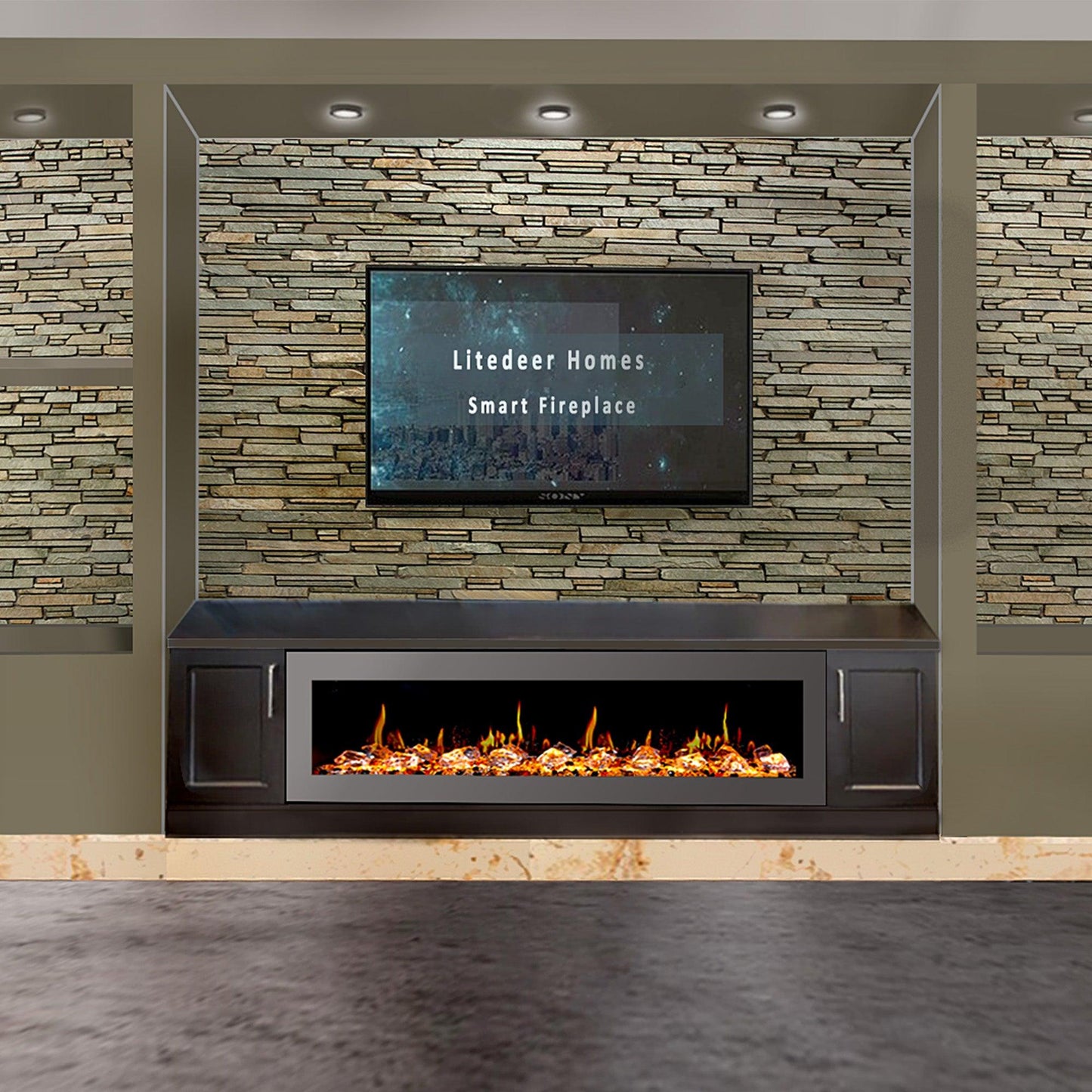 Litedeer Homes Gloria II 68" White Seamless Push-in Wall Mount Electric Fireplace With Crushed Ice Rocks