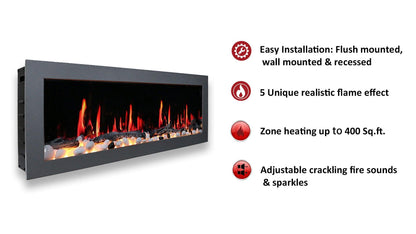 Litedeer Homes Gloria II 68" White Seamless Push-in Wall Mount Electric Fireplace With Crushed Ice Rocks