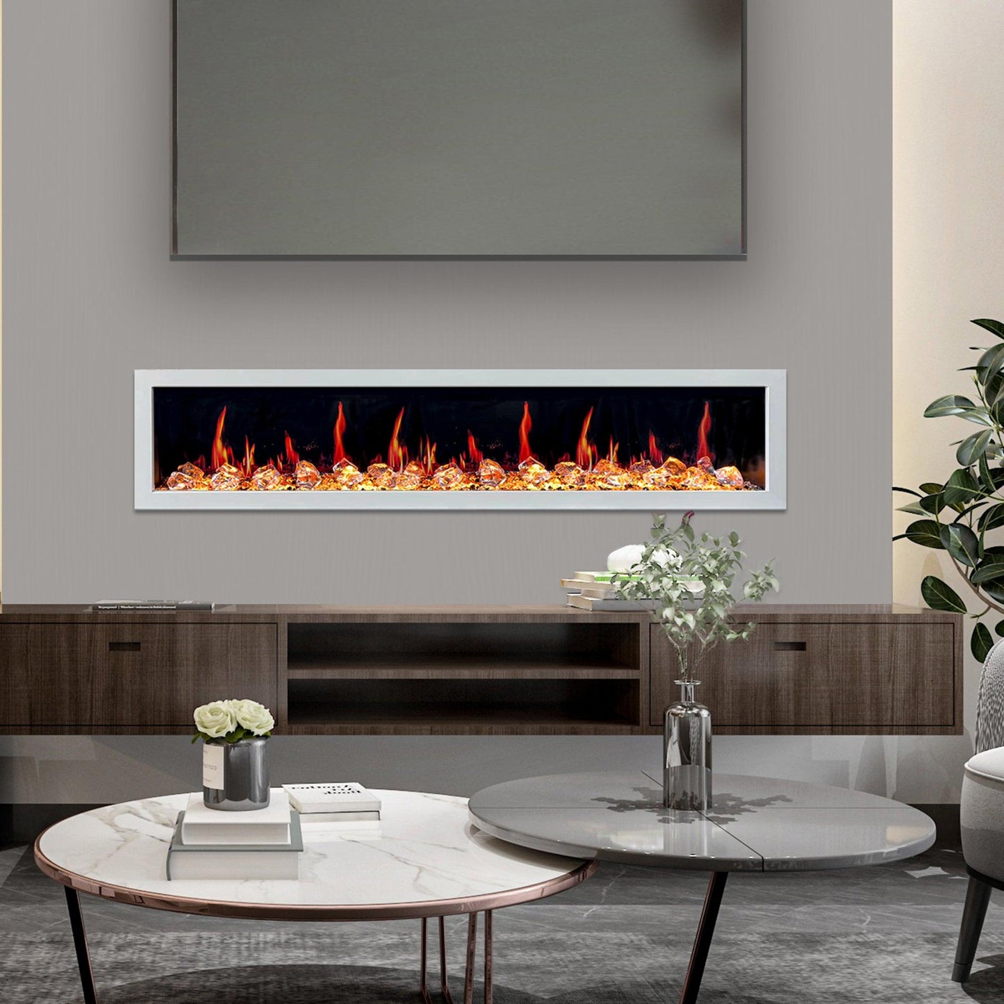 Litedeer Homes Gloria II 78" White Seamless Push-in Wall Mount Electric Fireplace With Crushed Ice Rocks