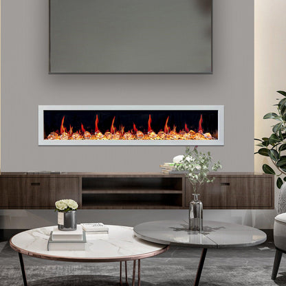 Litedeer Homes Gloria II 78" White Seamless Push-in Wall Mount Electric Fireplace With Crushed Ice Rocks