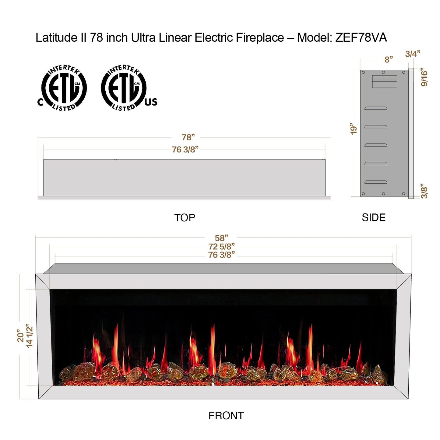 Litedeer Homes Gloria II 78" White Seamless Push-in Wall Mount Electric Fireplace With Crushed Ice Rocks