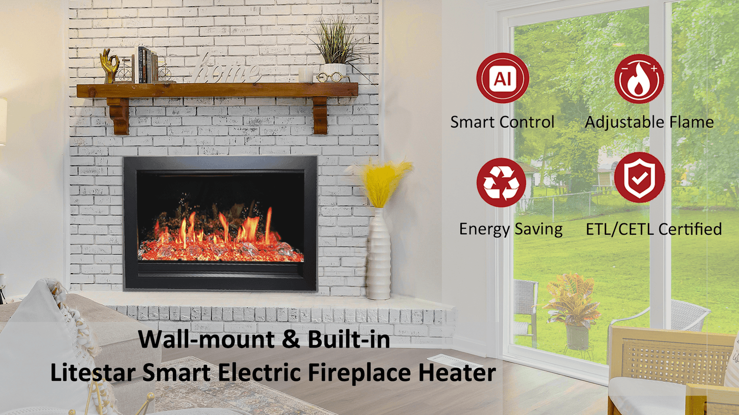 Litedeer Homes LiteStar 30" Black Smart Multi Flame Wall Mount Electric Fireplace Insert With Crushed Ice Rocks