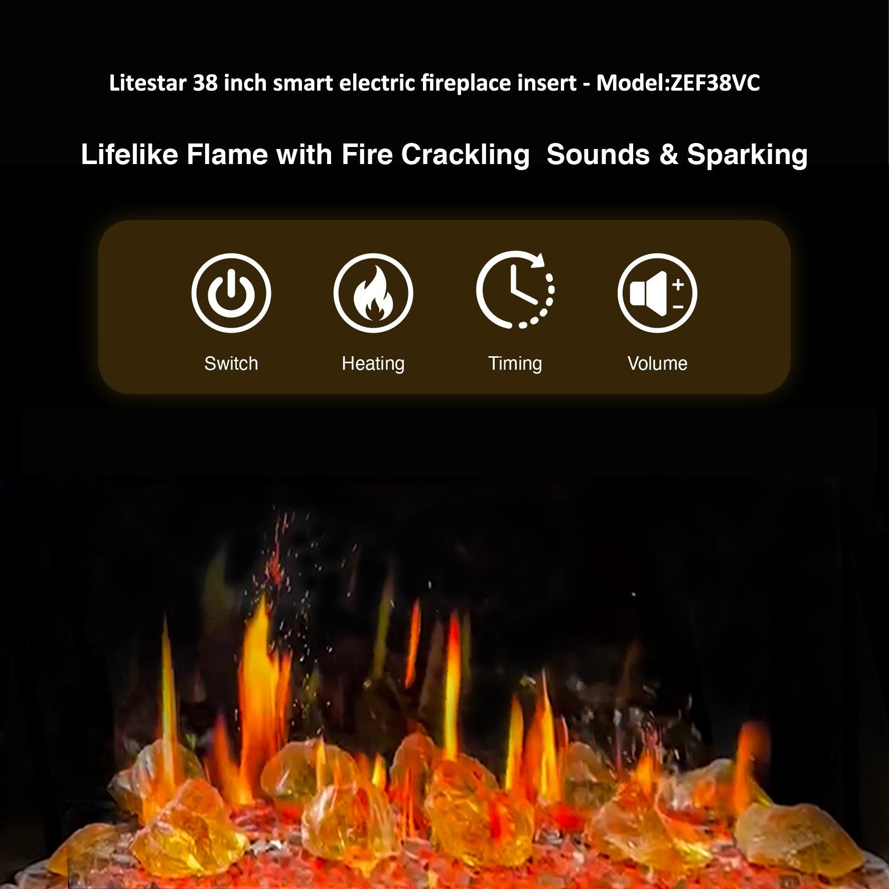 Litedeer Homes LiteStar 38" Black Smart Multi Flame Wall Mount Electric Fireplace Insert With Luster Copper Reflective Glass