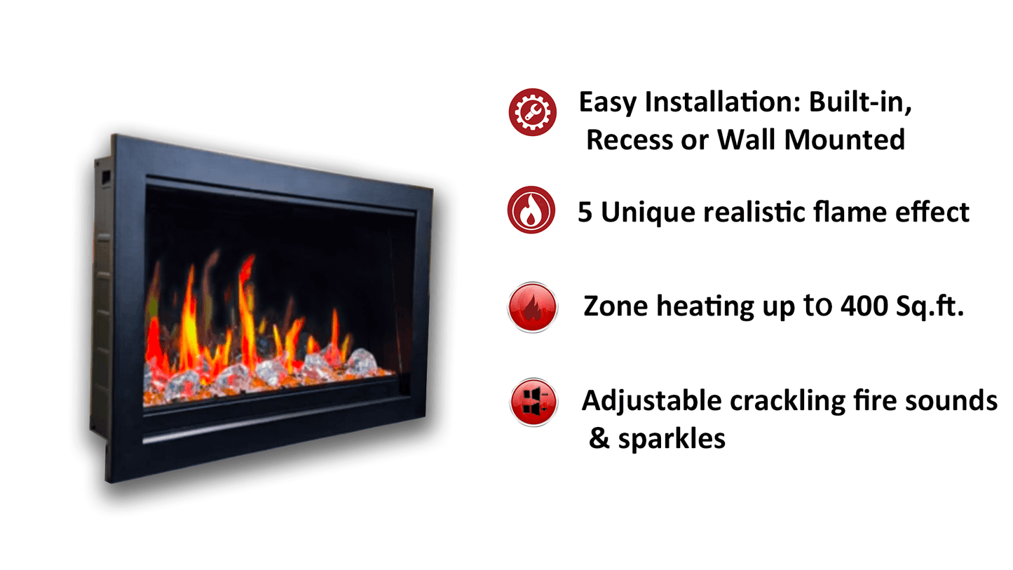 Litedeer Homes LiteStar 38" Black Smart Multi Flame Wall Mount Electric Fireplace Insert With Luster Copper Reflective Glass