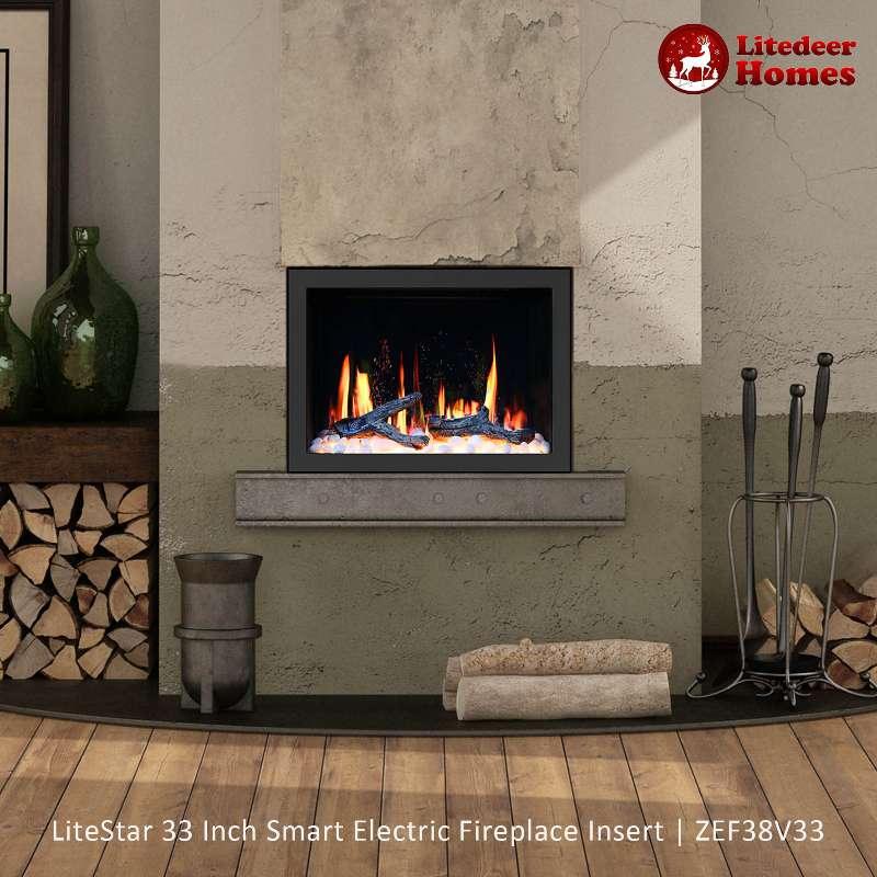 Litedeer Homes LiteStar 38" Black Smart Multi Flame Wall Mount Electric Fireplace Insert With Luster Copper Reflective Glass