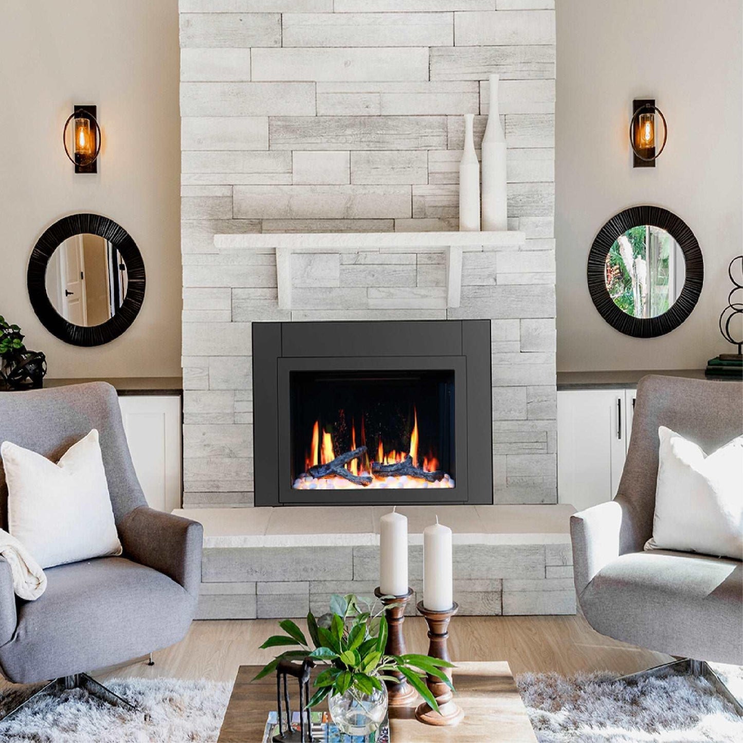 Litedeer Homes LiteStar 38" Black Smart Multi Flame Wall Mount Electric Fireplace Insert With Luster Copper Reflective Glass