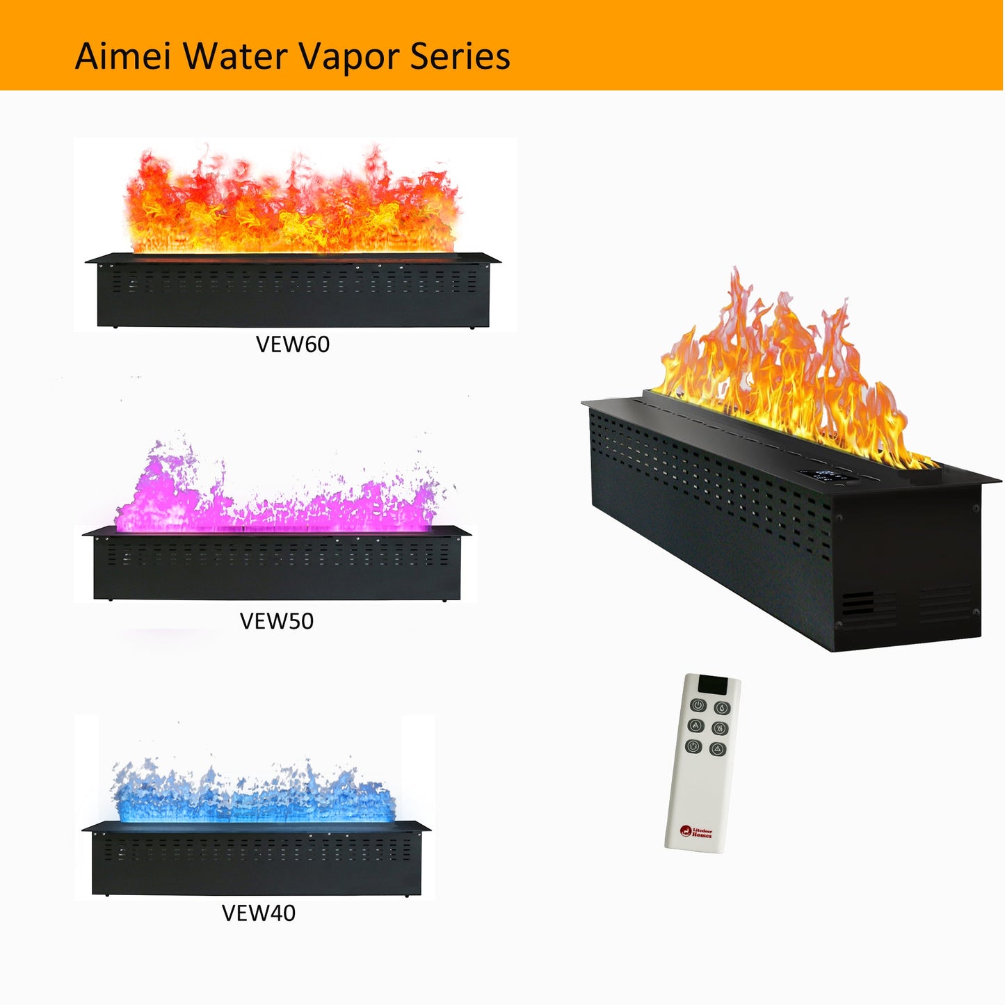 Litedeer Homes Mercury 40" Black Smart Control Water Vapor Electric Fireplace Cassette