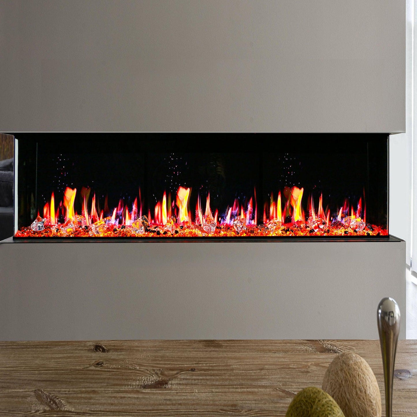 Litedeer Homes WarmCastle 60" Black 3-Side Smart Electric Fireplace With Amber Reflective Glass