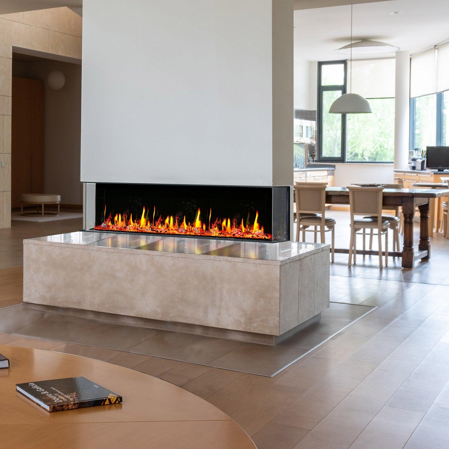 Litedeer Homes WarmCastle 60" Black 3-Side Smart Electric Fireplace With Amber Reflective Glass