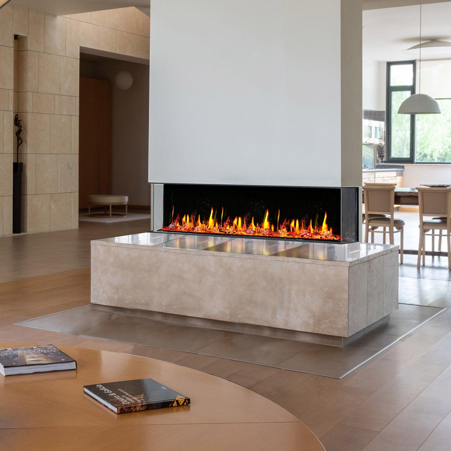 Litedeer Homes WarmCastle 60" Black 3-Side Smart Electric Fireplace With Amber Reflective Glass