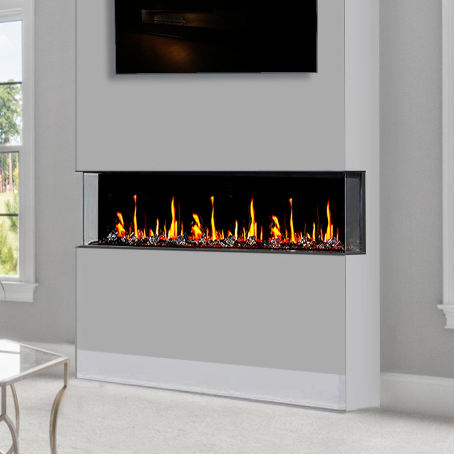 Litedeer Homes WarmCastle 72" Black 3-Side Smart Electric Fireplace With Amber Reflective Glass