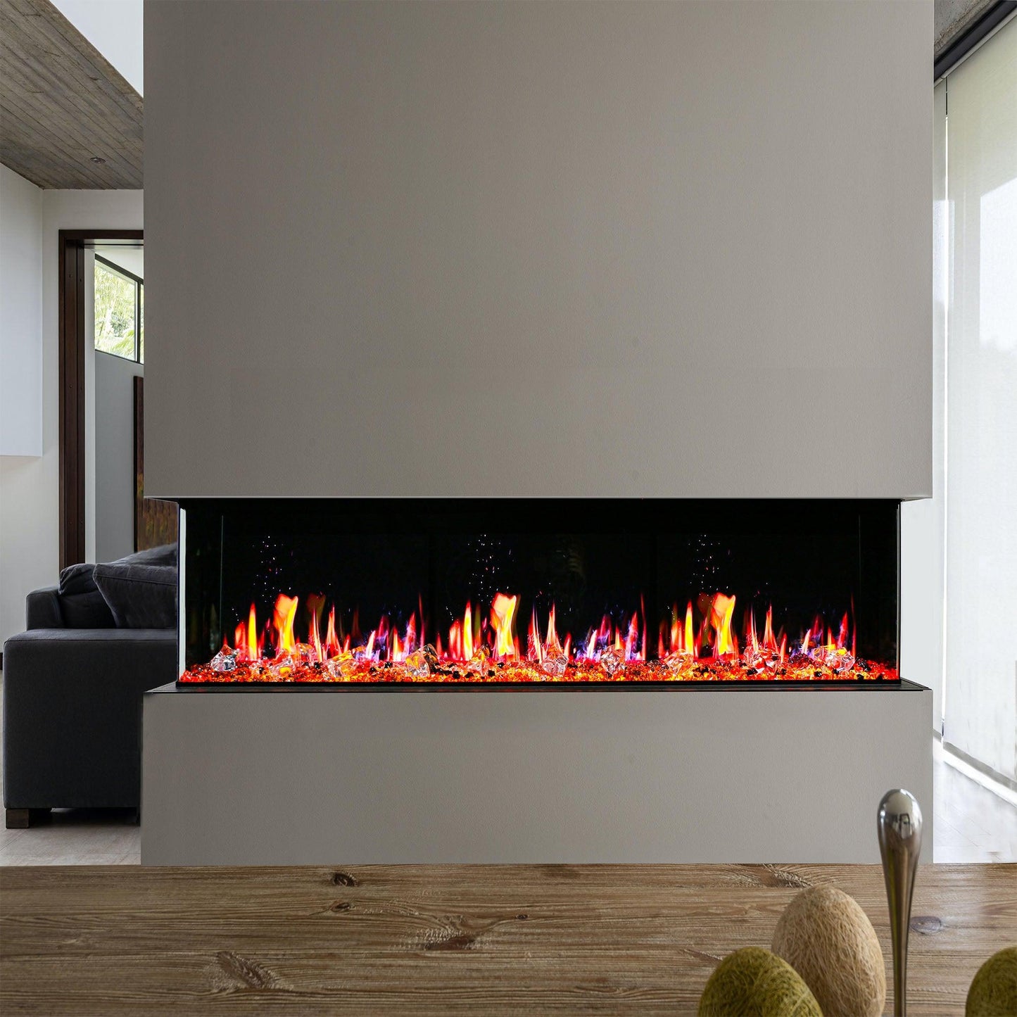 Litedeer Homes WarmCastle 72" Black 3-Side Smart Electric Fireplace With Amber Reflective Glass