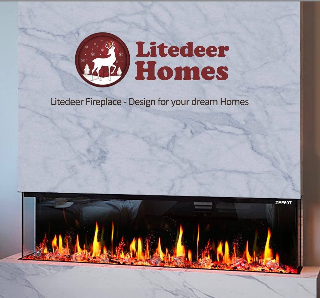 Litedeer Homes WarmCastle 72" Black 3-Side Smart Electric Fireplace With Amber Reflective Glass