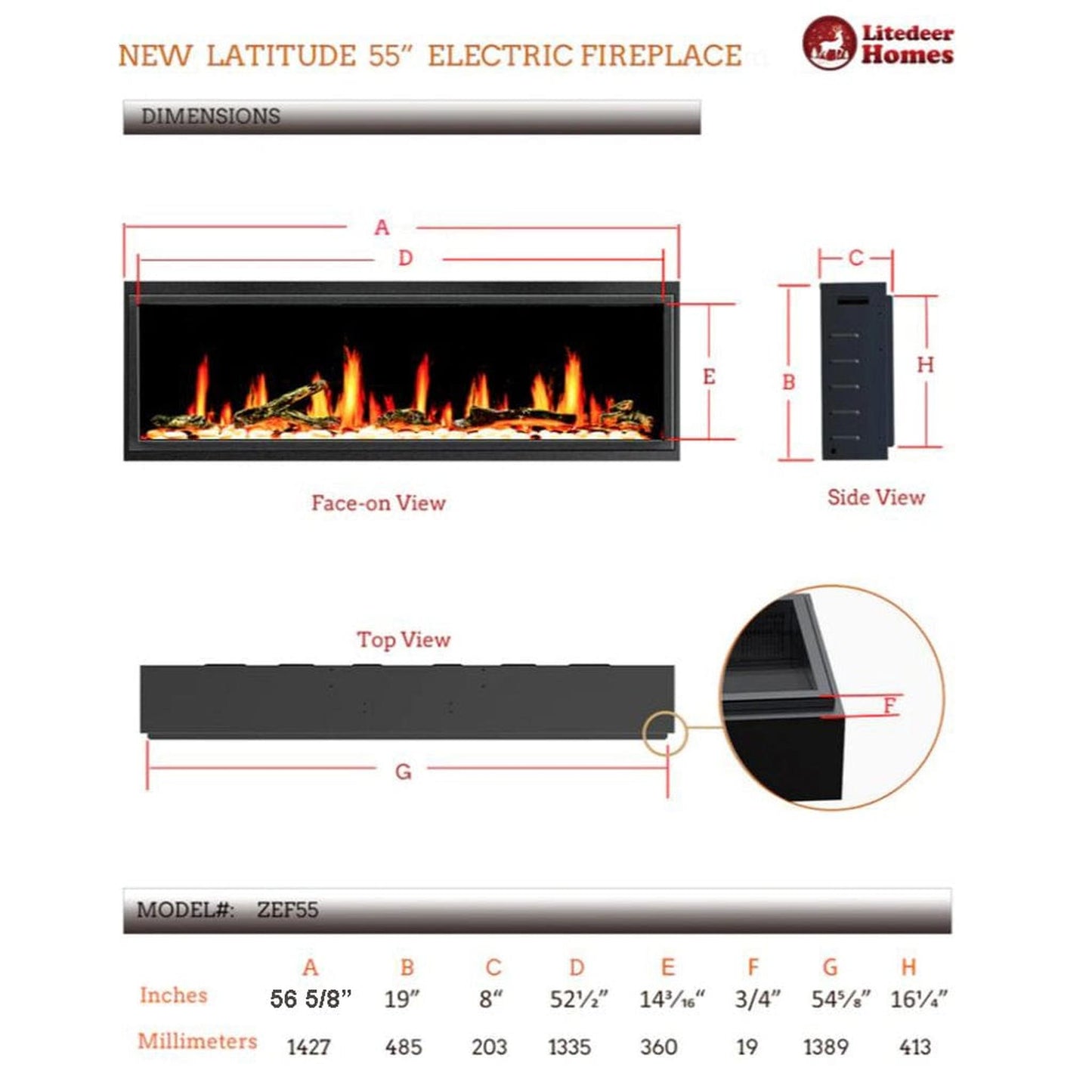 Litedeer Latitude 55" Smart Linear WiFi Enabled Built-In Electric Fireplace