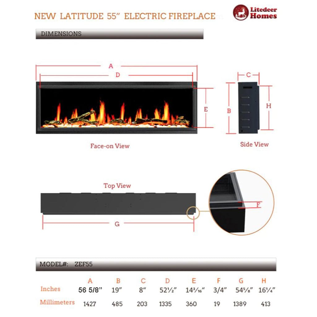 Litedeer Latitude 55" Smart Linear WiFi Enabled Vent-Free Built-In Electric Fireplace With Driftwood Log & River Rock