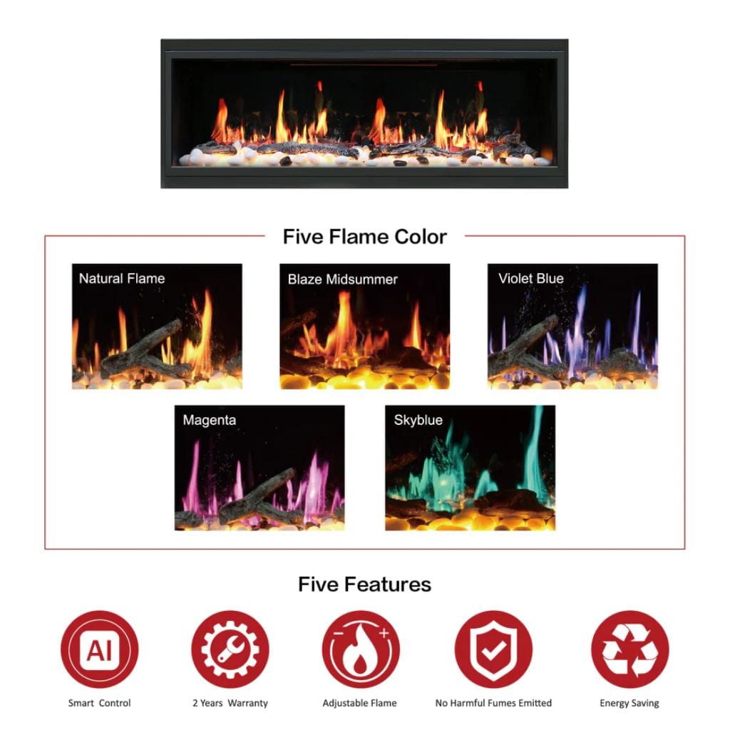 Litedeer Latitude 55" Smart Linear WiFi Enabled Vent-Free Built-In Electric Fireplace With Driftwood Log & River Rock